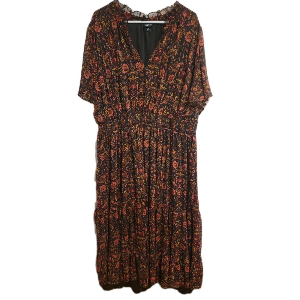 Torrid Dress Womens 4 4X Black Boho Floral Georgette Smocked Maxi Ruffle V-Neck